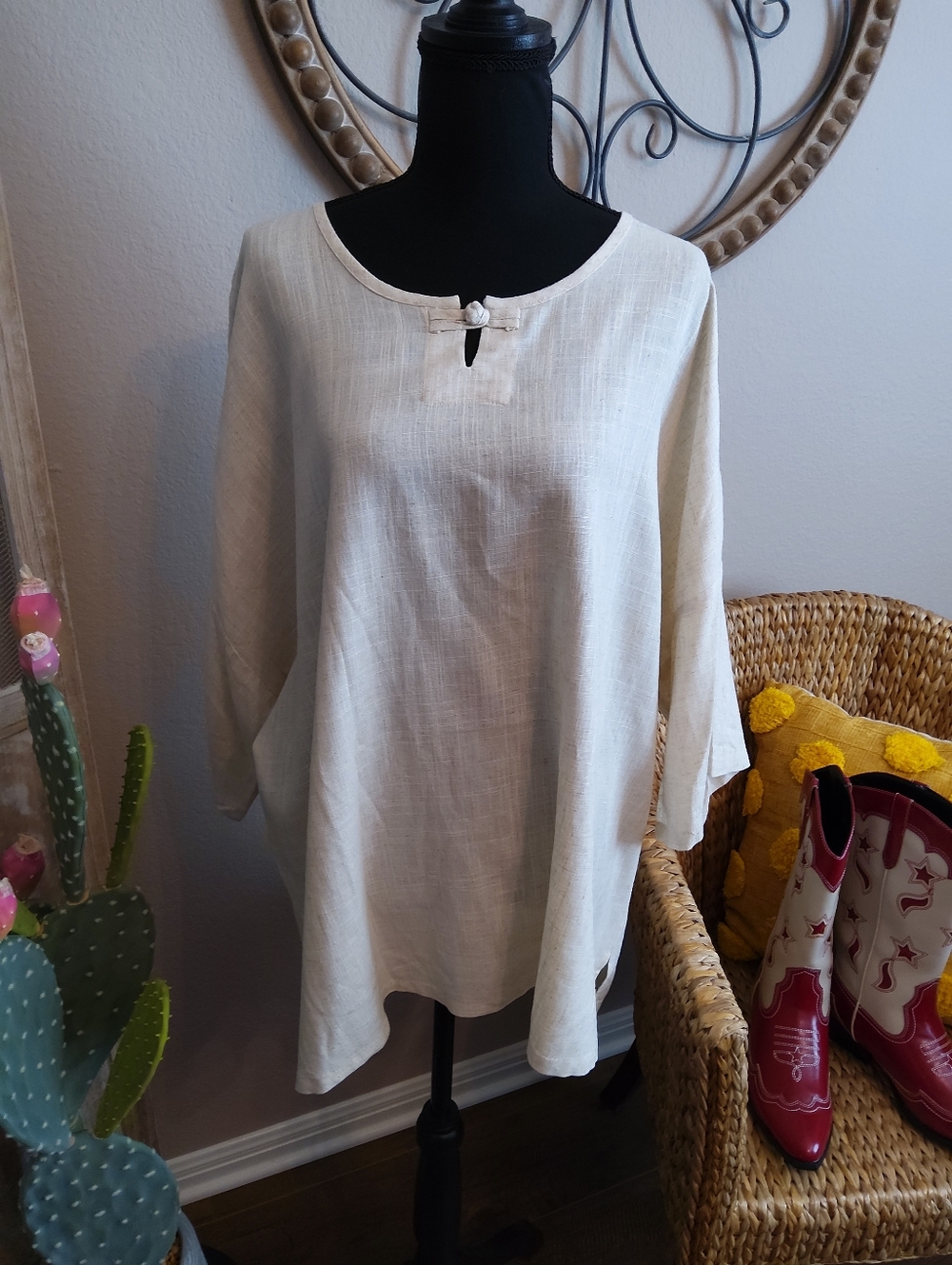 Relaxed Cream Linen Tunic with Knot Neck